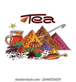 Tea composition for packaging, labels, advertising. Vector graphics