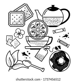 Tea composition, a set of items for tea drinking. Vector linear drawing. Black on a white background, isolated.