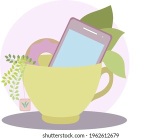 Tea composition tea telephone cup donut and greens

