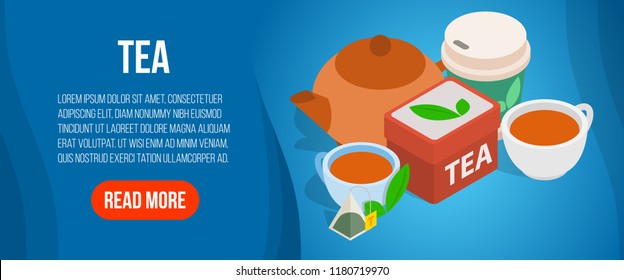 Tea concept banner. Isometric banner of tea vector concept for web, giftcard and postcard
