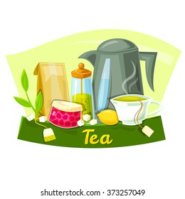 Tea concept design, set of cartoon elements, vector illustration