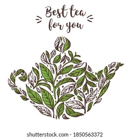 Tea concept illustration. Tea leaves in teapot. Hand drawn sketch. Black and white vector illustration. Concept for tea design.