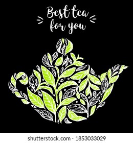 Tea concept illustration. Tea leaves in teapot. Hand drawn sketch. Vector illustration. Concept for tea design.