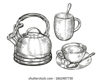 Tea concept sketch. Kitchen utensils vintage vector illustration