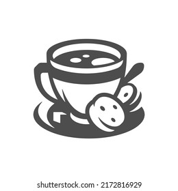Tea with cookies biscuit and sugar cube in porcelain cup saucer spoon vintage icon vector illustration. Hot coffee drink traditional morning aroma beverage for breakfast and taking break with sweet