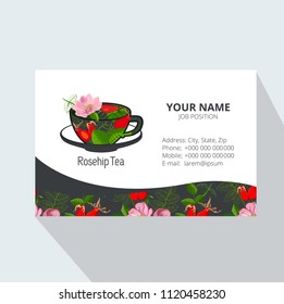 Tea Corporate Business card with Cup of tea with dog rose: branch of  rose hip, berries, rosehip flowers and leaves. Tea Branding Element for design invitations, gift cards, flyers and brochures.  