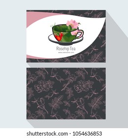 Tea corporate identity template design with Rosehip flowers and berries. Branding element for design invitations, gift cards, flyers and brochures.