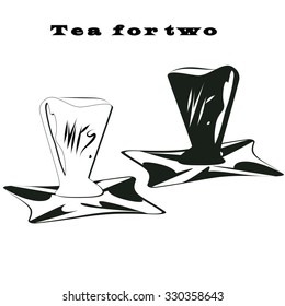 tea couple cup black and white lettering on a tray tea for two hand sign Mr. and Mrs. vector light background