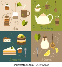 Tea crockery desserts flavors flat set isolated vector illustration