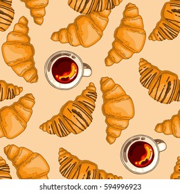 Tea and croissant seamless pattern, vector illustration