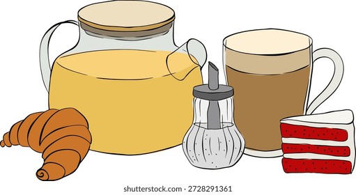 Té, croissant, azúcar, café, pastel Composición de café ilustración dibujada a mano. Vector de línea gráfica de tinta de color de arte. Anuncio, cartel, papel de embalaje, etiqueta engomada, impresión, diseño textil moderno.
