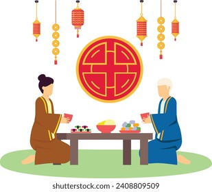 Tea culture spiritual connotation on Mid Autumn Celebration concept, Cha Dao ceremony vector design, Chinese New Years Eve symbol, Year of the Dragon sign, China Spring Festival scene illustration