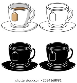 Xícara de chá em 4 desenhos, cor, preto e branco e preto com um contorno nocaute isolado em um fundo branco