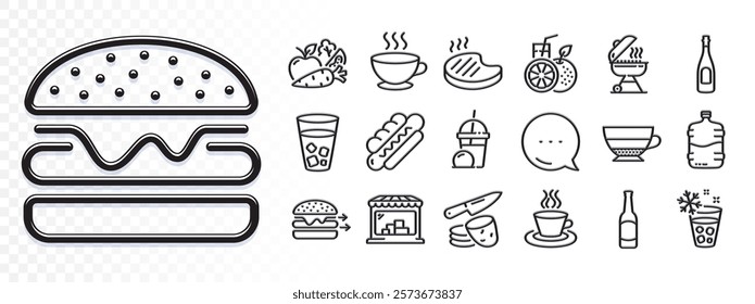 Tea cup, Americano and Ice tea line icons for web app. Glare of light effect. Message icon. Pack of Orange juice, Vegetables, Food delivery pictogram icons. Vector