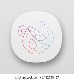 Tea cup app icon. Hot steaming mug with splash. Tea shop, kitchenware, dishware. Leaf emblem on cup. Aromatic beverage. UI/UX user interface. Web or mobile applications. Vector isolated illustrations