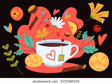 Tea cup aroma herbal aromatherapy abstract concept. Vector graphic design illustration