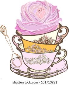 tea cup background with spoon and flower,vector  illustration