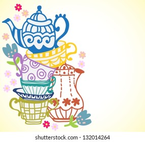 tea cup background with teapot, illustration for design, vector