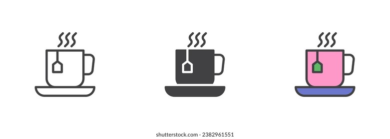 Té cup con bolso de té conjunto de iconos de estilo diferente. Línea, glifo y contorno relleno versión colorida, contorno y signo vectorial relleno. Símbolo, ilustración del logotipo. Gráficos vectoriales