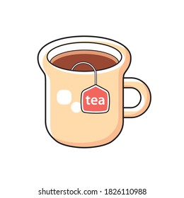 Tea cup with tea bag label isolated cartoon vector
