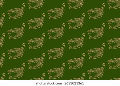 tasse de thé avec motif harmonieux de ligne de sachet de thé sur fond vert. tasse rétro de thé vert motif d'éclosion arrière-plan fond d'écran pour produit à base de plantes, plantation, épicerie, produit à usage commercial de boisson de santé