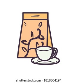 Tea cup and bag line and fill style icon design, Time drink breakfast and beverage theme Vector illustration
