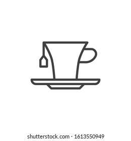 Tea cup with tea bag line icon. linear style sign for mobile concept and web design. Herbal tea cup with saucer outline vector icon. Symbol, logo illustration. Vector graphics