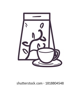 Diseño de iconos con estilo de la línea de la taza de té y de la bolsa, desayuno de la bebida y bebida Tema de la bebida Ilustración del vector