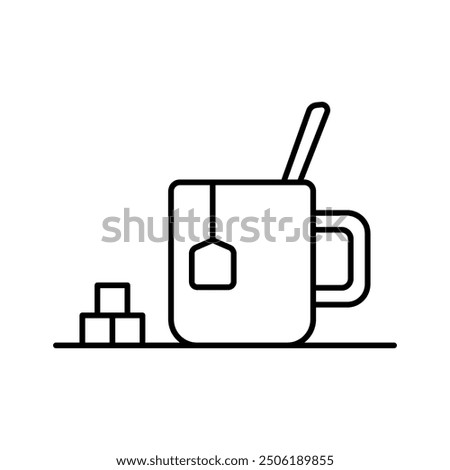 Tea cup, tea bag and refined sugar icon. Black outline linear silhouette. Editable strokes. Side view. Vector simple flat graphic illustration. Isolated object on white background. Isolate.