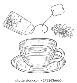 Tea Cup with tea bags floating above it. Vector hand-drawn illustration.