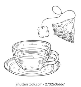 Tea Cup with tea bags floating above it. Vector hand-drawn illustration.