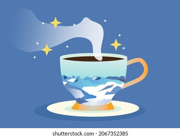 Té cup con un hermoso paisaje de invierno y humo nevados. Fondo de ilustración de vector editable