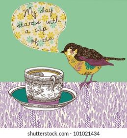 tea cup and bird