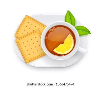 Tea cup and biscuit on plate. Traditional hot drink for breakfast. Tea time. Herbal tonic beverage. Isolated white background. Eps10 vector illustration.