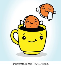 Tea Cup and biscuit on the plate, Traditional hot drink for breakfast, Tea time, Herbal tonic beverage Eps10 vector illustration.