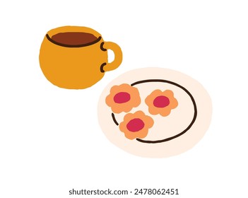 Tea cup, biscuits on plate. Sweet snack and teacup. Yummy cookies, dessert served with coffee mug. Patisserie treats, homemade bakery for teatime. Flat vector illustration isolated on white background