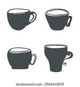 Tea cup black silhouette Clip art Set. Doodle icon, hand drawn decorative kitchen ware, cute cartoon flat design. Various isolated elements. Vector illustration