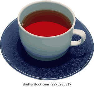 Tea cup blue ceramic on a white background with black tea