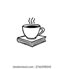 Tea cup with book icon logo design. Hand drawn coffee mug and book sign and symbol. Tea cup icon. Reading and relaxation concept.