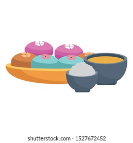 tea cup and bowl with mooncakes over white background, vector illustration
