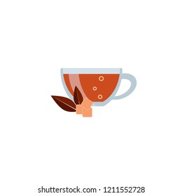 Tea cup with brown sugar and tea leaf vector icon flat style. Kombucha drink. Isolated on white background.
