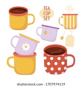 Tea cup cartoon flat vector illustration. Isolated colorful funny set of tea cup for camping and home.