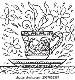 Tea cup chamomile cosiness hygge flower herbal sweethome homesweethome  ined doodle coloring book page black and white background art therapy relax psychology lace