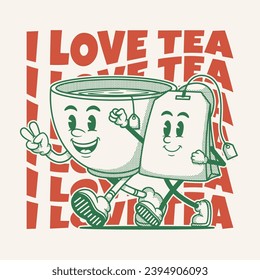 Tea cup character, retro cartoon mascot character