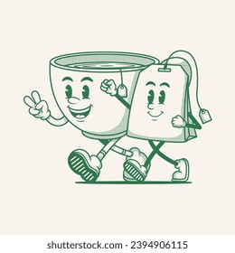 Tea cup character, retro cartoon mascot character