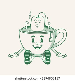 Tea cup character, retro cartoon mascot character