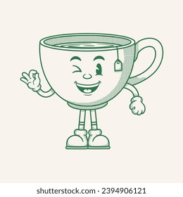 Tea cup character, retro cartoon mascot character