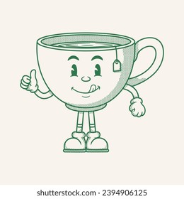 Tea cup character, retro cartoon mascot character