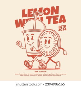 Tea cup character, retro cartoon mascot character