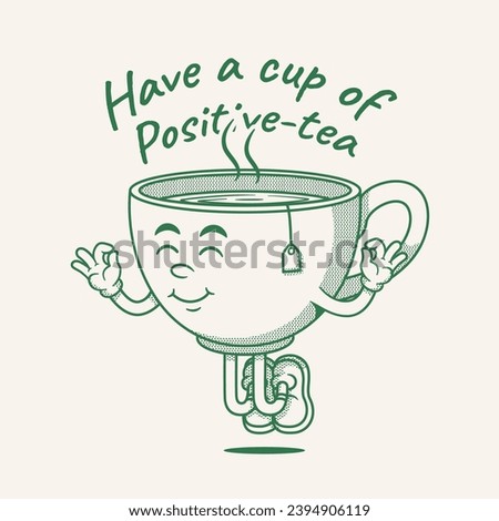 Tea cup character, retro cartoon mascot character